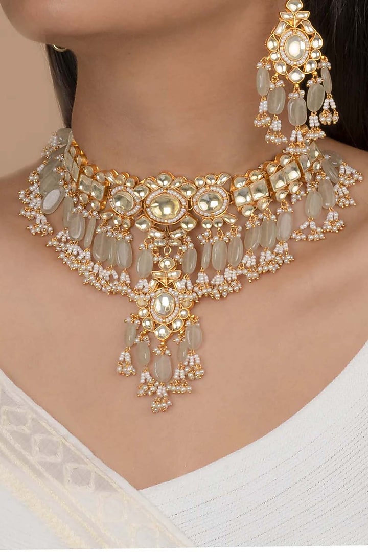 Gold Plated Uncut Polki & Beaded Jadau Necklace Set by Mortantra at Pernia's Pop Up Shop