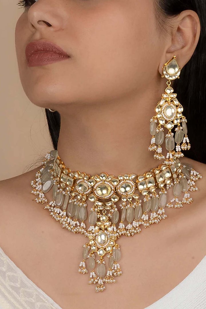 Gold Plated Uncut Polki & Beaded Jadau Necklace Set by Mortantra at Pernia's Pop Up Shop