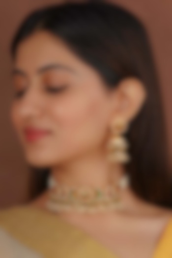 Gold Plated Uncut Polki & Beaded Jadau Choker Necklace Set by Mortantra at Pernia's Pop Up Shop