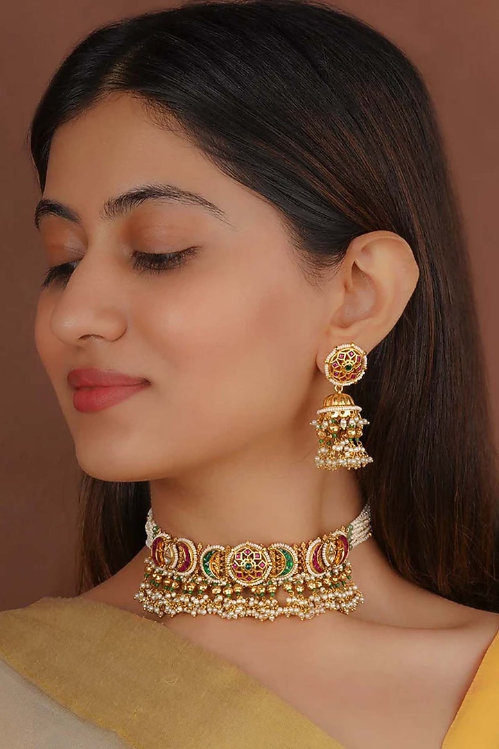 Gold Plated Uncut Polki & Beaded Jadau Choker Necklace Set by Mortantra at Pernia's Pop Up Shop