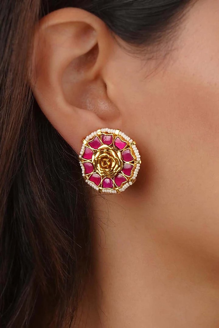 Gold Plated Uncut Polki & Beaded Jadau Stud Earrings by Mortantra at Pernia's Pop Up Shop