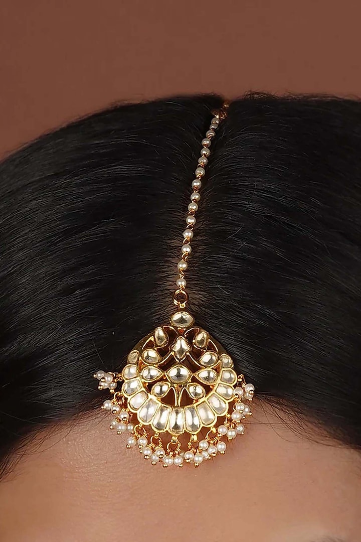 Gold Plated Uncut Polki & Beaded Jadau Maangtikka by Mortantra at Pernia's Pop Up Shop