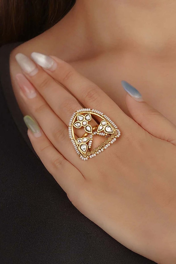 Gold Plated Uncut Polki & Beaded Jadau Ring by Mortantra at Pernia's Pop Up Shop