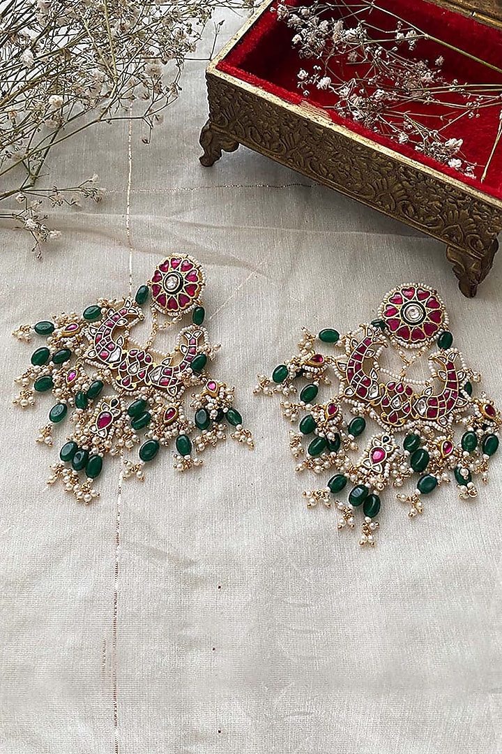 Gold Plated Uncut Polki & Beaded Jadau Dangler Earrings by Mortantra at Pernia's Pop Up Shop