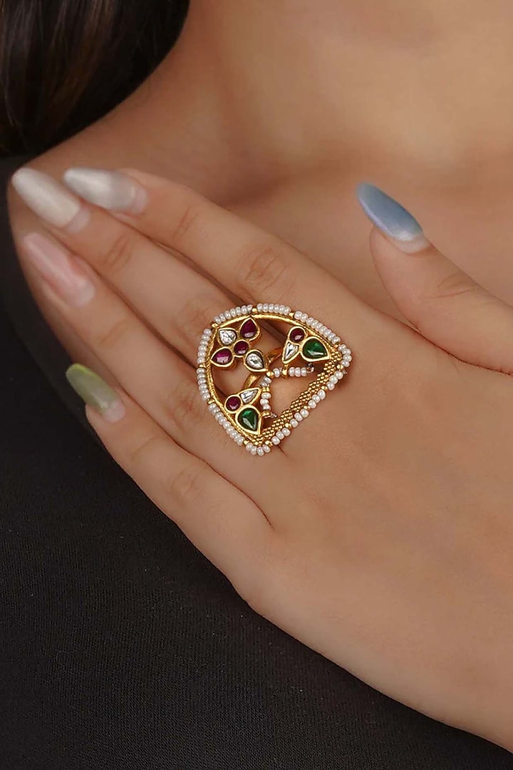Gold Plated Uncut Polki & Beaded Jadau Ring by Mortantra at Pernia's Pop Up Shop