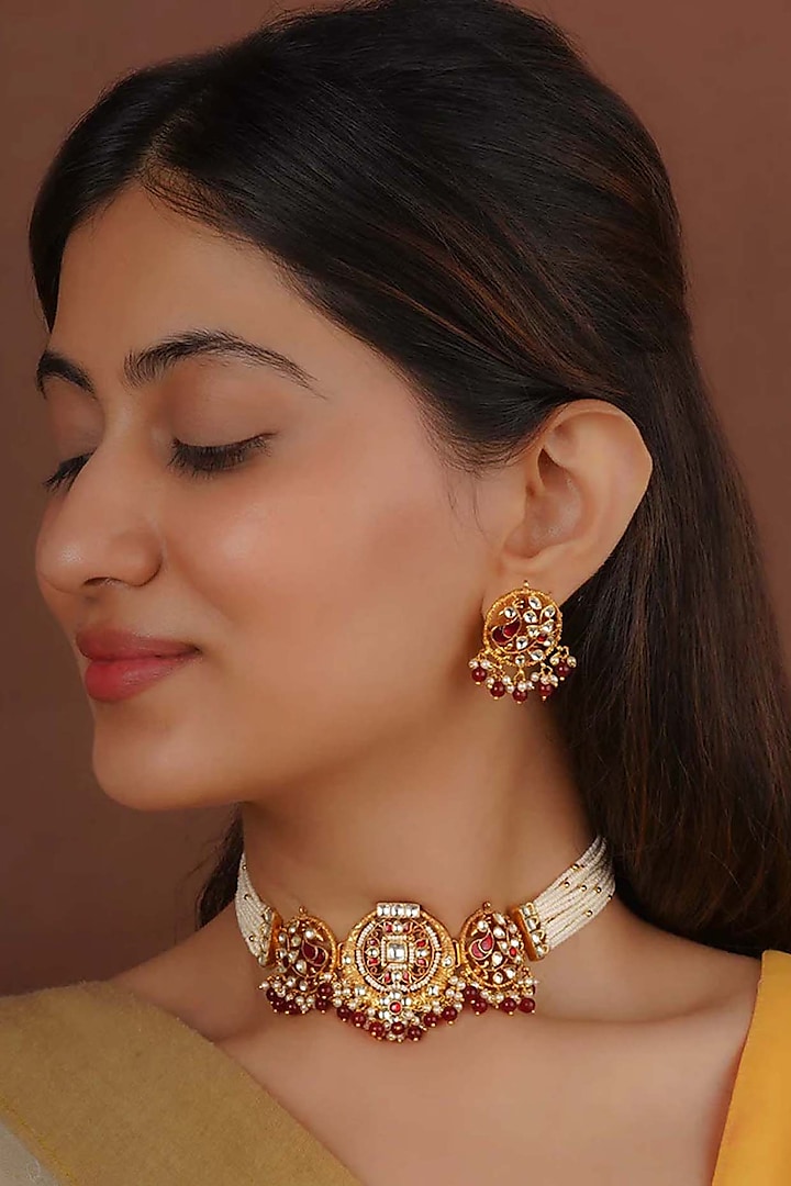 Gold Plated Uncut Polki & Beaded Jadau Choker Necklace by Mortantra at Pernia's Pop Up Shop