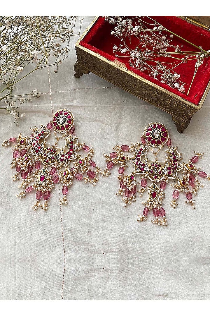 Gold Plated Uncut Polki & Beaded Jadau Dangler Earrings by Mortantra at Pernia's Pop Up Shop