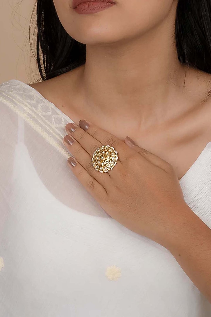 Gold Plated Uncut Polki & Beaded Jadau Ring by Mortantra at Pernia's Pop Up Shop