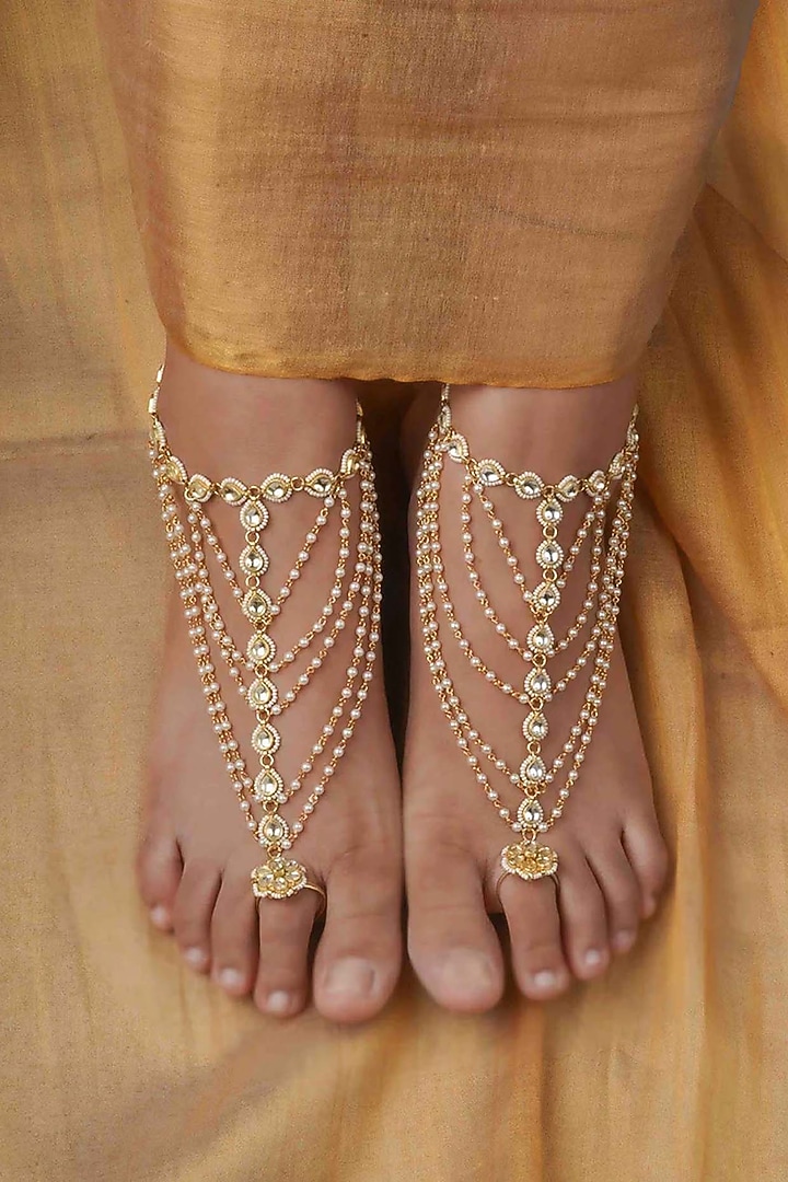 Gold Plated Uncut Polki & Beaded Jadau Payal (Set Of 2) by Mortantra at Pernia's Pop Up Shop