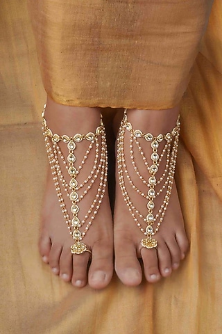 Gold Plated Uncut Polki & Beaded Jadau Payal (Set Of 2) by Mortantra