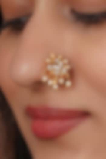 Gold Plated Uncut Polki & Beaded Jadau Nose Ring by Mortantra at Pernia's Pop Up Shop