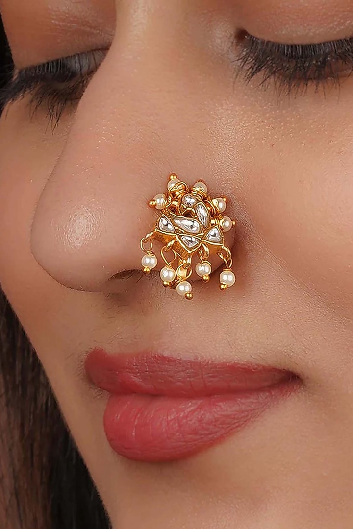 Gold Plated Uncut Polki & Beaded Jadau Nose Ring by Mortantra at Pernia's Pop Up Shop