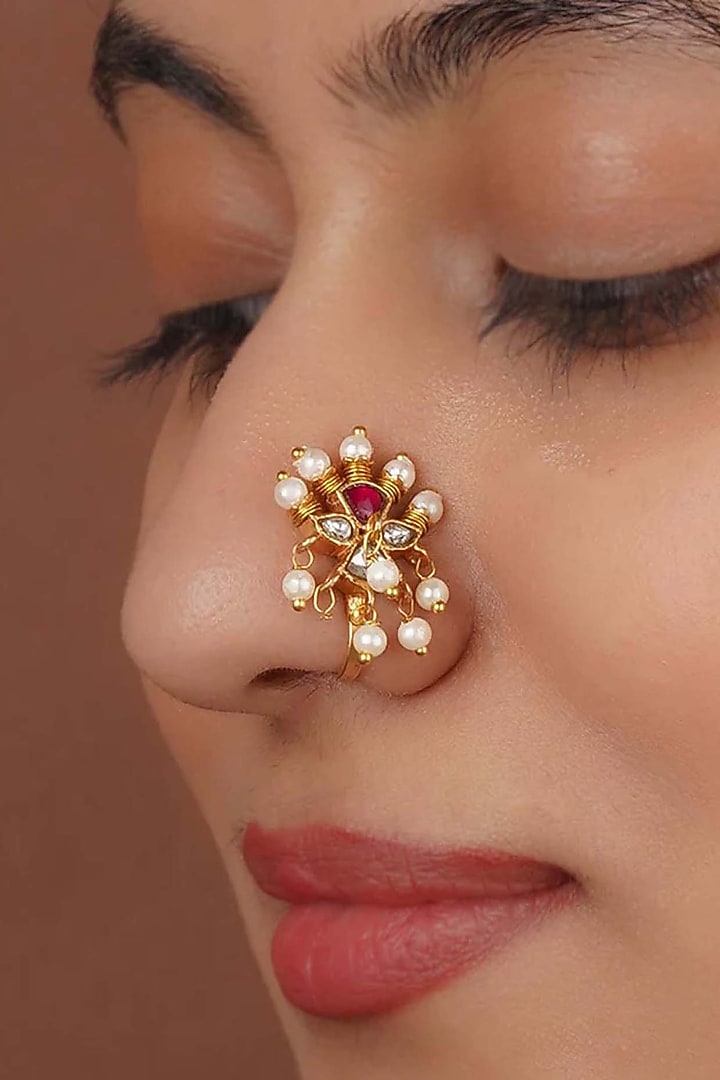 Gold Plated Uncut Polki & Beaded Jadau Nose Ring by Mortantra at Pernia's Pop Up Shop
