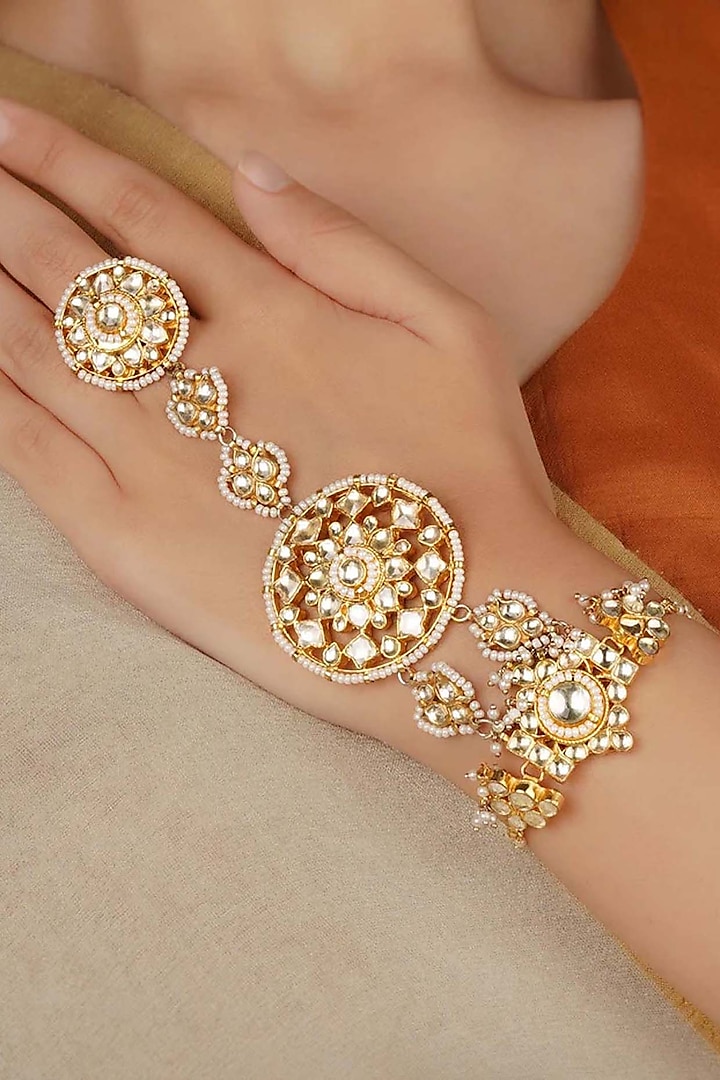 Gold Plated Uncut Polki & Beaded Jadau Haathphool by Mortantra at Pernia's Pop Up Shop