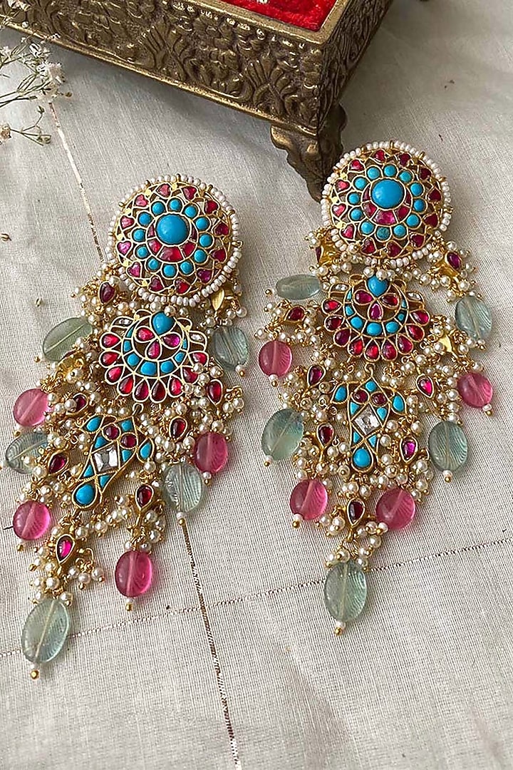 Gold Plated Uncut Polki & Beaded Jadau Dangler Earrings by Mortantra at Pernia's Pop Up Shop
