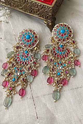 Gold Plated Uncut Polki & Beaded Jadau Dangler Earrings by Mortantra