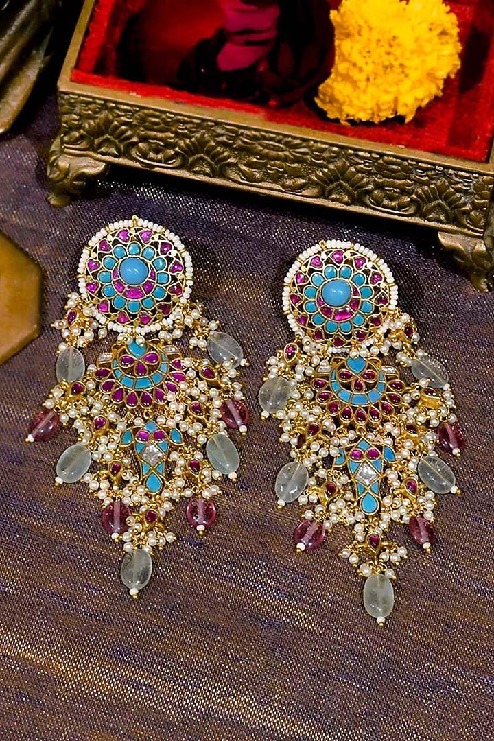 Gold Plated Uncut Polki & Beaded Jadau Dangler Earrings by Mortantra at Pernia's Pop Up Shop