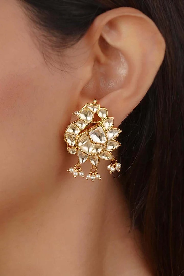 Gold Plated Uncut Polki & Beaded Jadau Stud Earrings by Mortantra at Pernia's Pop Up Shop