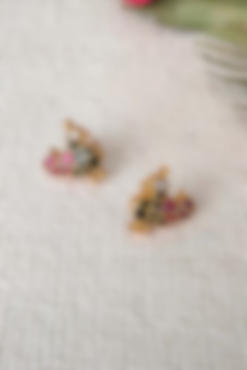 Gold Plated Uncut Polki & Beaded Jadau Stud Earrings by Mortantra at Pernia's Pop Up Shop