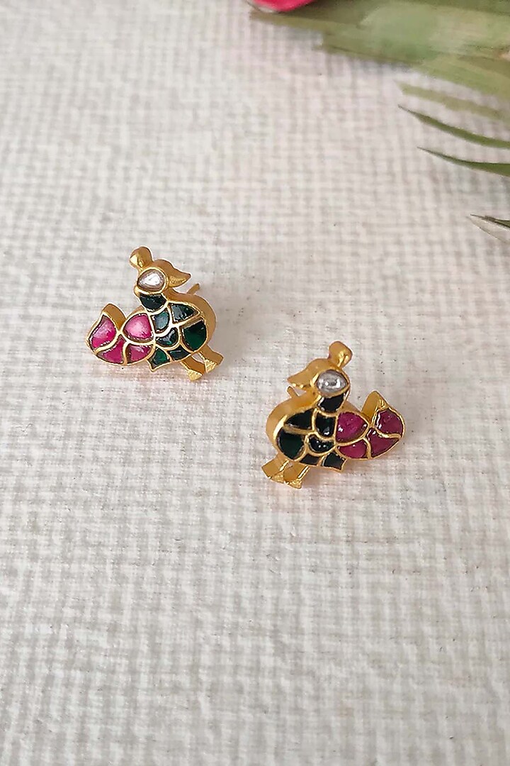 Gold Plated Uncut Polki & Beaded Jadau Stud Earrings by Mortantra at Pernia's Pop Up Shop