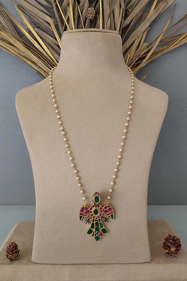 Gold Plated Uncut Polki & Beaded Jadau Long Necklace by Mortantra at Pernia's Pop Up Shop
