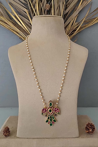 Gold Plated Uncut Polki & Beaded Jadau Long Necklace by Mortantra
