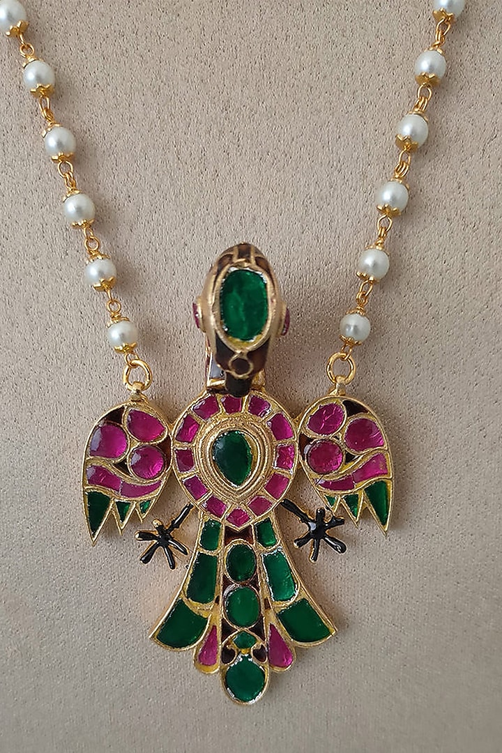 Gold Plated Uncut Polki & Beaded Jadau Long Necklace by Mortantra at Pernia's Pop Up Shop