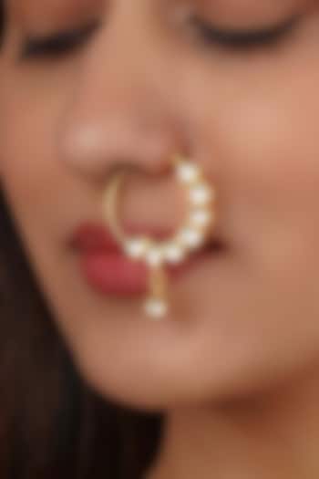 Gold Plated Uncut Polki & Beaded Jadau Nose Ring by Mortantra at Pernia's Pop Up Shop