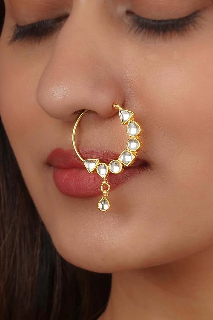Gold Plated Uncut Polki & Beaded Jadau Nose Ring by Mortantra at Pernia's Pop Up Shop