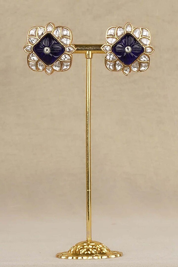 Gold Plated Uncut Polki & Beaded Jadau Stud Earrings by Mortantra at Pernia's Pop Up Shop