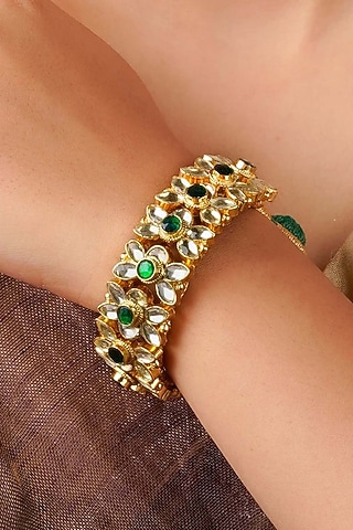 Gold Plated Uncut Polki & Beaded Jadau Bracelet by Mortantra