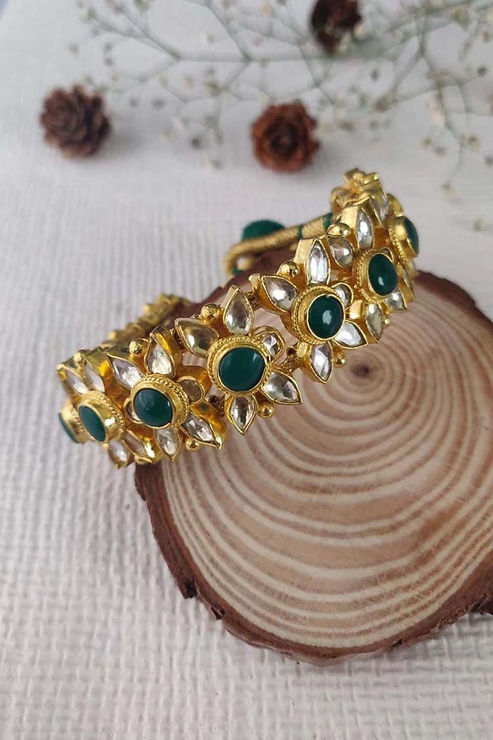 Gold Plated Uncut Polki & Beaded Jadau Bracelet by Mortantra at Pernia's Pop Up Shop