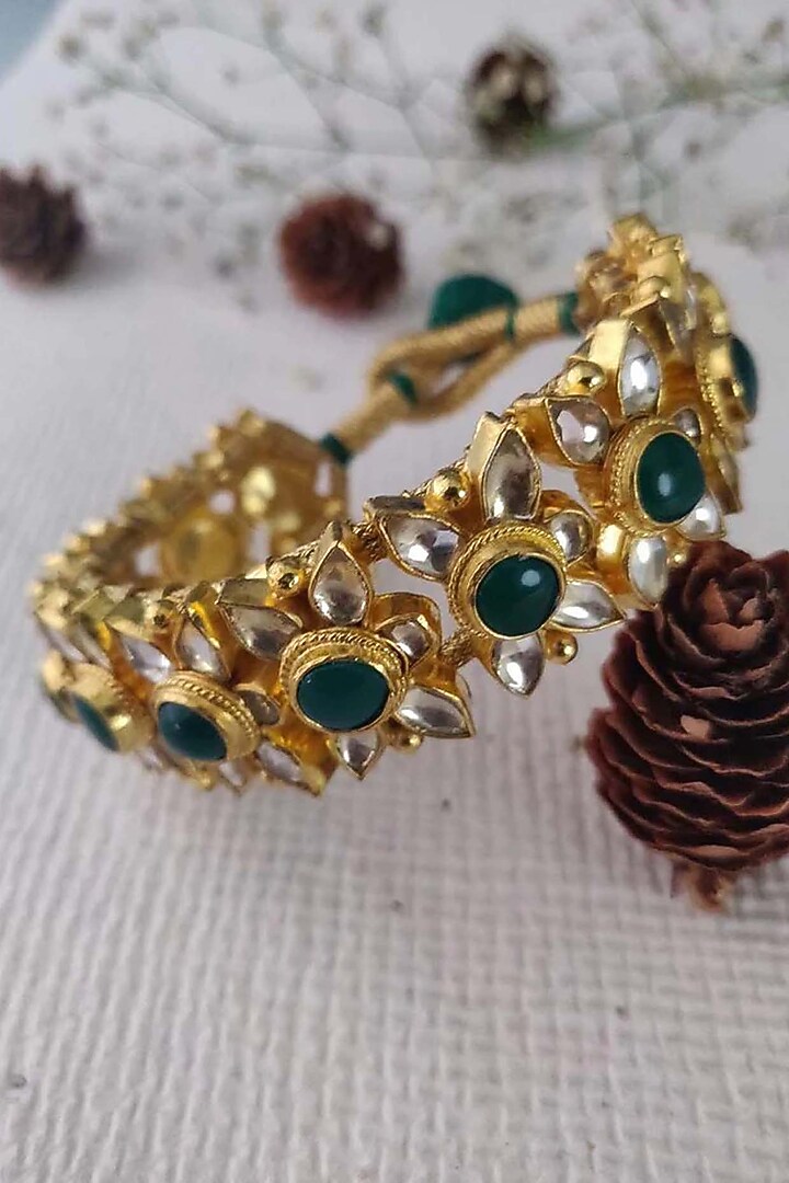 Gold Plated Uncut Polki & Beaded Jadau Bracelet by Mortantra at Pernia's Pop Up Shop