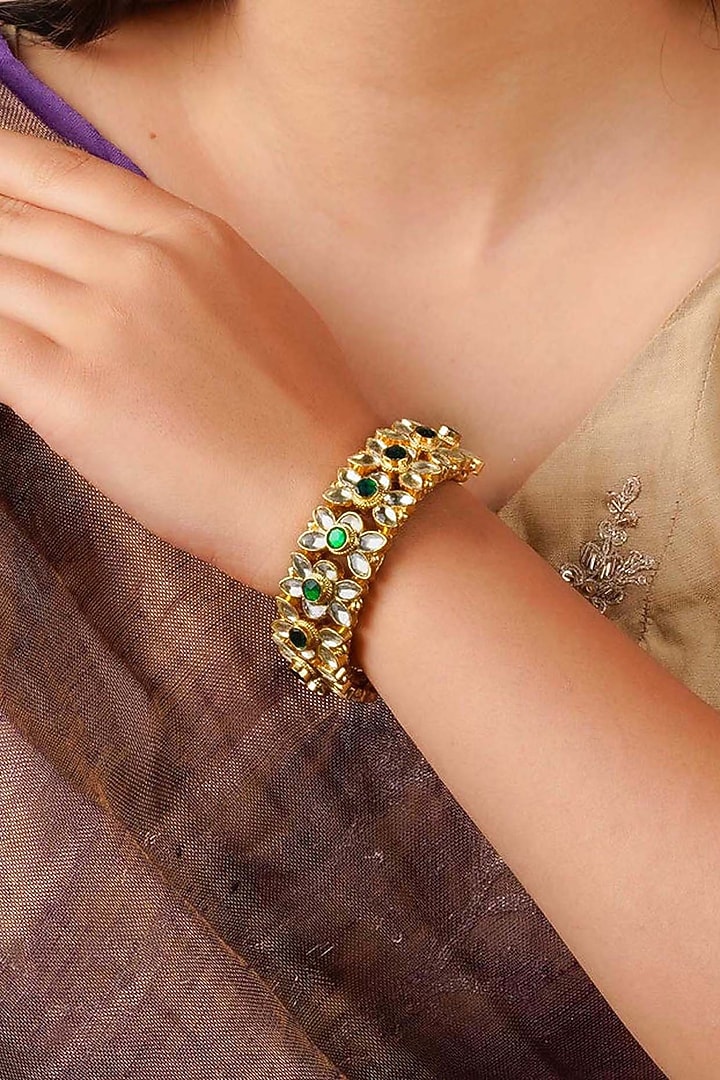 Gold Plated Uncut Polki & Beaded Jadau Bracelet by Mortantra at Pernia's Pop Up Shop