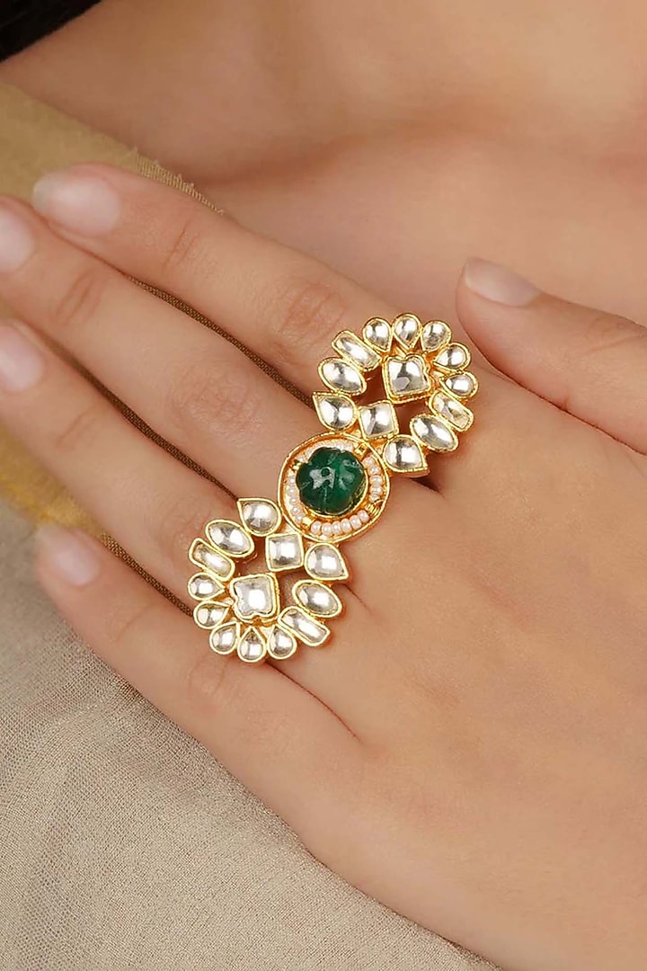 Gold Plated Uncut Polki & Beaded Jadau Ring by Mortantra at Pernia's Pop Up Shop