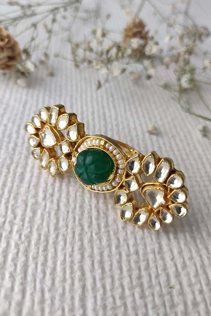 Gold Plated Uncut Polki & Beaded Jadau Ring by Mortantra at Pernia's Pop Up Shop