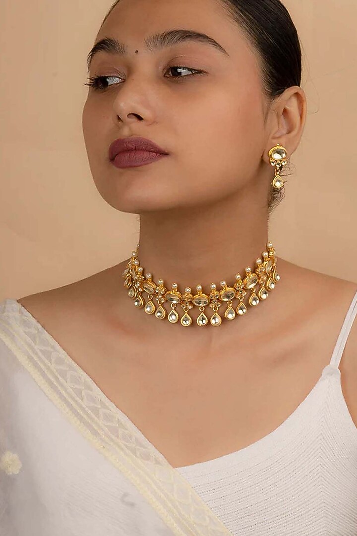 Gold Plated Uncut Polki & Beaded Jadau Choker Necklace Set by Mortantra at Pernia's Pop Up Shop