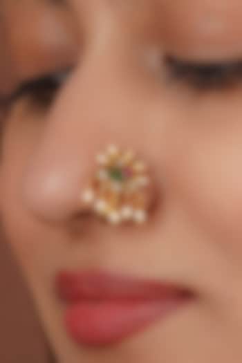 Gold Plated Uncut Polki & Beaded Jadau Nose Ring by Mortantra at Pernia's Pop Up Shop