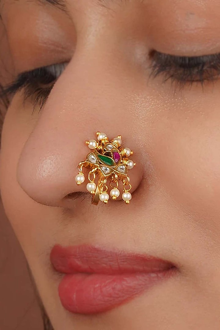 Gold Plated Uncut Polki & Beaded Jadau Nose Ring by Mortantra at Pernia's Pop Up Shop