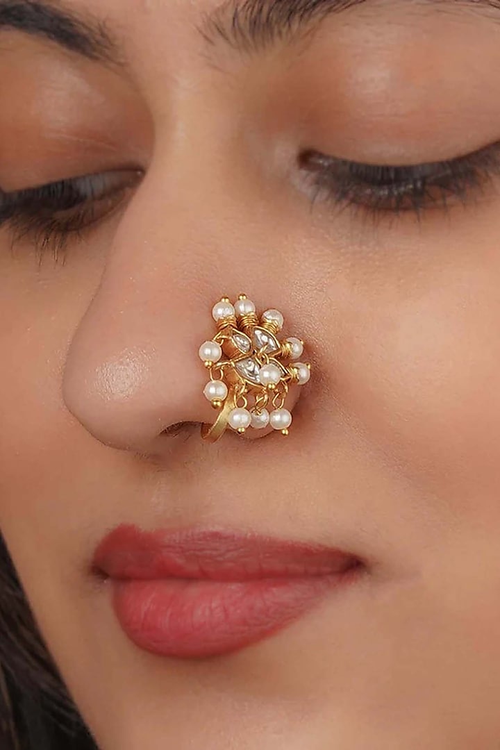 Gold Plated Uncut Polki & Beaded Jadau Nose Ring by Mortantra at Pernia's Pop Up Shop