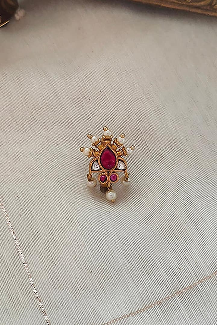 Gold Plated Uncut Polki & Beaded Jadau Nose Ring by Mortantra at Pernia's Pop Up Shop