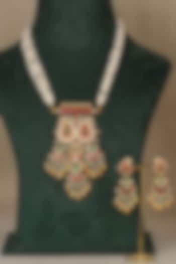 Gold Plated Uncut Polki & Beaded Jadau Long Necklace by Mortantra at Pernia's Pop Up Shop