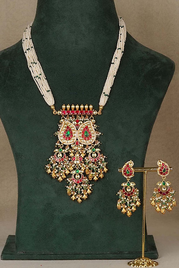Gold Plated Uncut Polki & Beaded Jadau Long Necklace by Mortantra at Pernia's Pop Up Shop