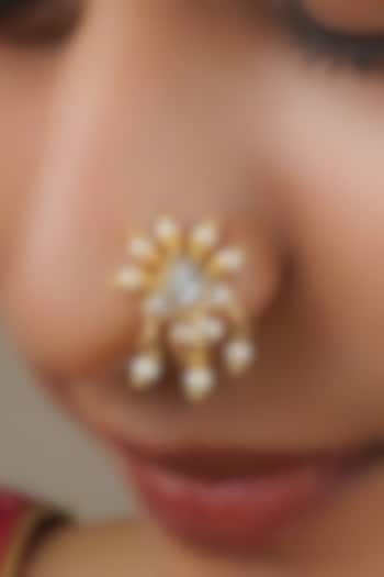 Gold Plated Uncut Polki & Beaded Jadau Nose Ring by Mortantra at Pernia's Pop Up Shop