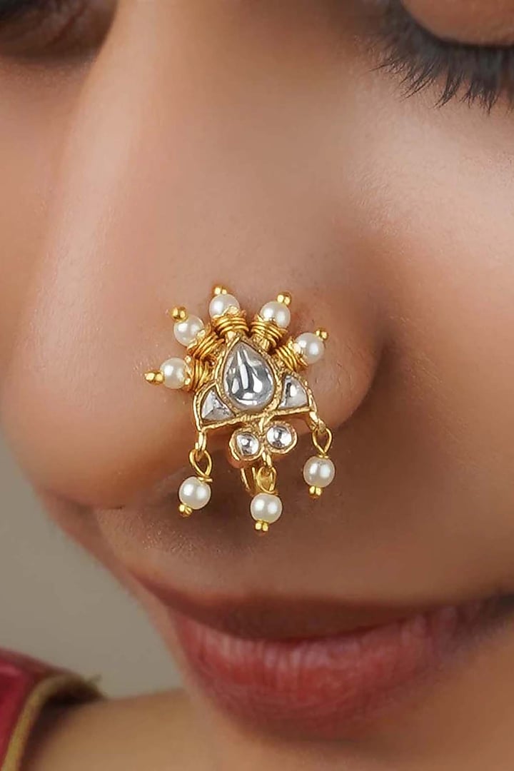 Gold Plated Uncut Polki & Beaded Jadau Nose Ring by Mortantra at Pernia's Pop Up Shop