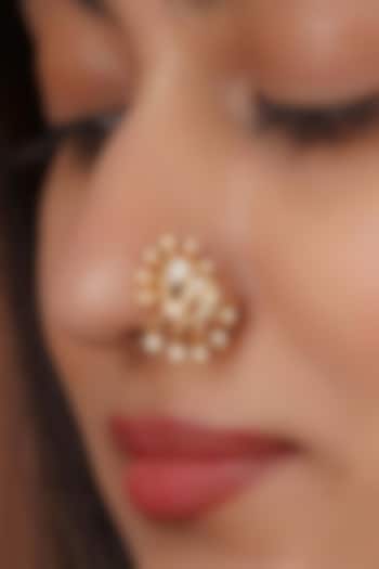Gold Plated Uncut Polki & Beaded Jadau Nose Ring by Mortantra at Pernia's Pop Up Shop