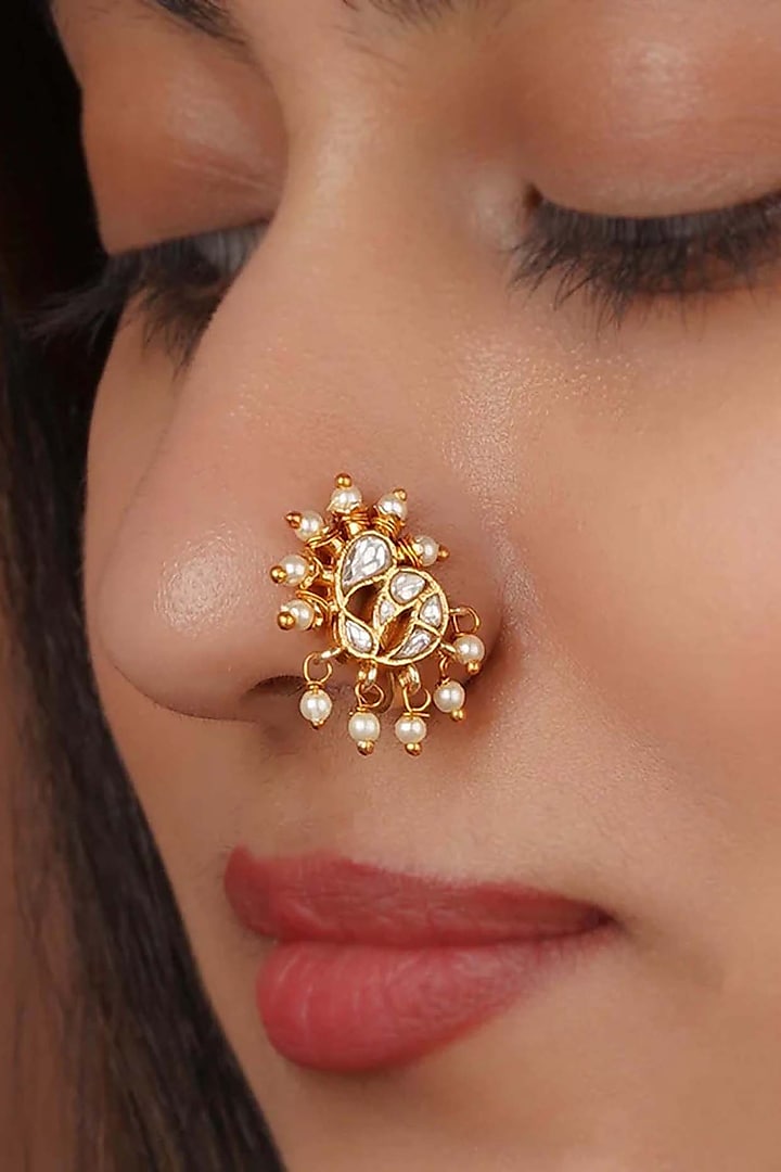Gold Plated Uncut Polki & Beaded Jadau Nose Ring by Mortantra at Pernia's Pop Up Shop