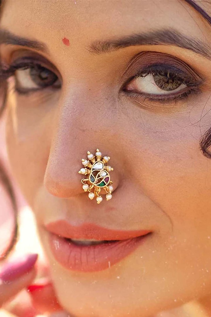 Gold Plated Uncut Polki & Beaded Jadau Nose Ring by Mortantra at Pernia's Pop Up Shop
