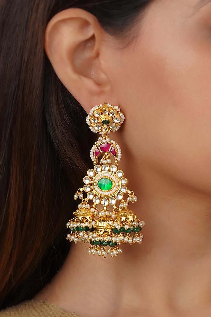 Gold Plated Uncut Polki & Beaded Jadau Dangler Earrings by Mortantra at Pernia's Pop Up Shop