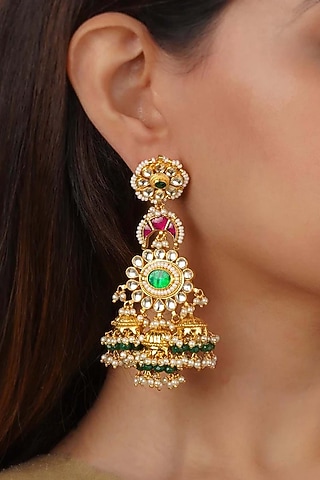 Gold Plated Uncut Polki & Beaded Jadau Dangler Earrings by Mortantra